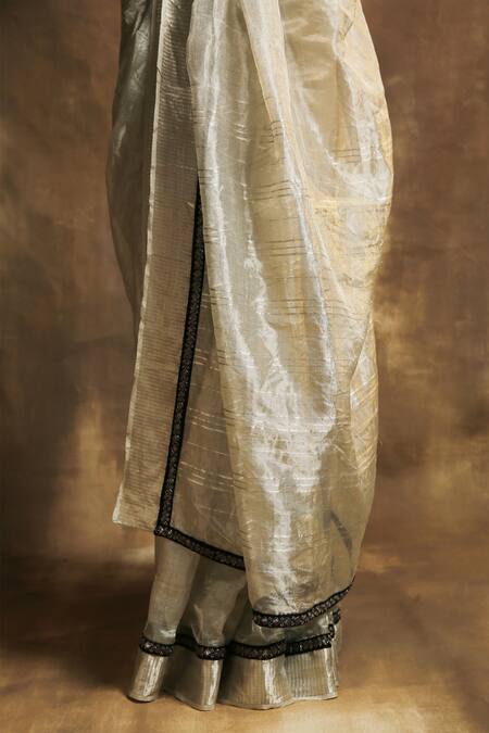 Karishma Khanduja Bareilly_Black Crepe, Handwoven Tissue Banarasi Scoop Neck Saree With Blouse_at_Aza_Fashions