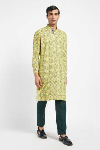 Rabani & Rakha_Yellow Kurta Crepe Pant Cotton Silk Printed Set _Online_at_Aza_Fashions