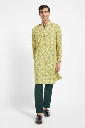 Buy_Rabani & Rakha_Yellow Kurta Crepe Pant Cotton Silk Printed Set _Online_at_Aza_Fashions