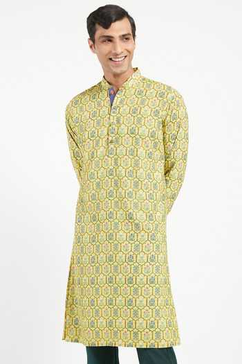 Shop_Rabani & Rakha_Yellow Kurta Crepe Pant Cotton Silk Printed Set _Online_at_Aza_Fashions