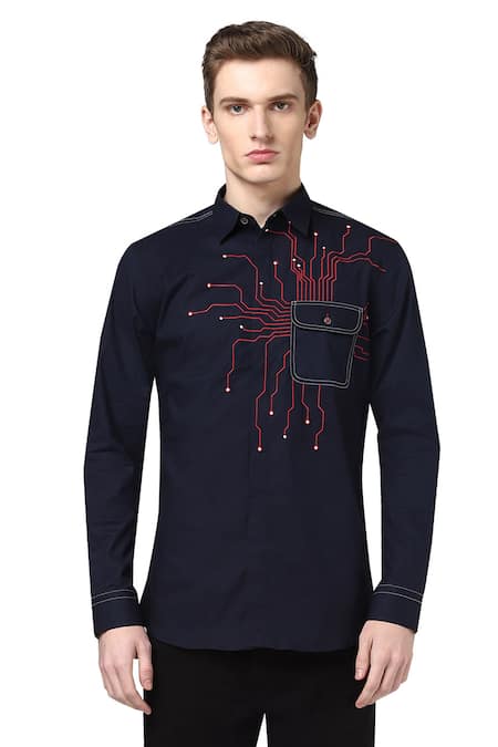 Noonoo Blue 100% Giza Cotton Embroidered Shirt 