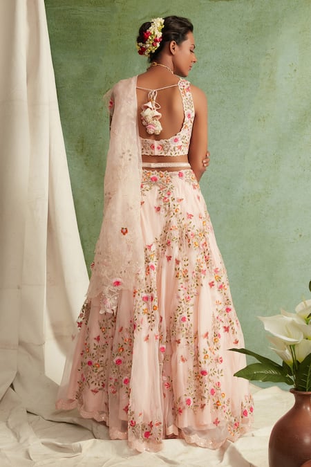 Shop Priyanka Jain Pink Organza, Chanderi U Neck Embroidered Bridal Lehenga Set at Aza Fashions Shop_Priyanka Jain_Pink Organza, Chanderi U Neck Embroidered Bridal Lehenga Set _at_Aza_Fashions