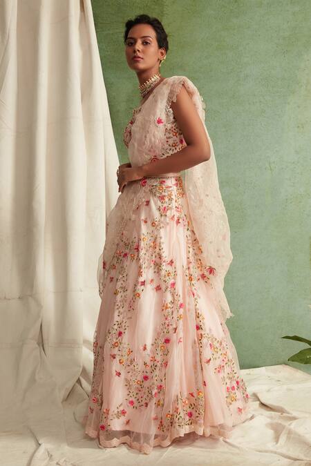 Priyanka Jain Pink Organza, Chanderi U Neck Embroidered Bridal Lehenga Set Online at Aza Fashions Priyanka Jain_Pink Organza, Chanderi U Neck Embroidered Bridal Lehenga Set _Online_at_Aza_Fashions