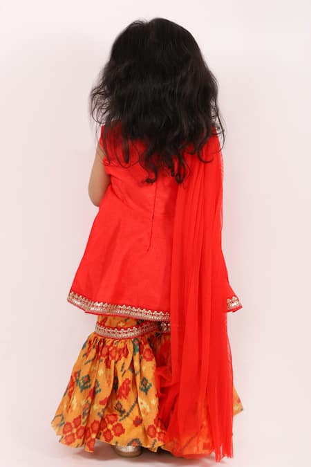 Shop Lil Angels Red Net, Silk, Cotton Sequins, Lace Draped Kurta And Sharara at Aza Fashions Shop_Lil Angels_Red Net, Silk, Cotton Sequins, Lace Draped Kurta And Sharara _at_Aza_Fashions