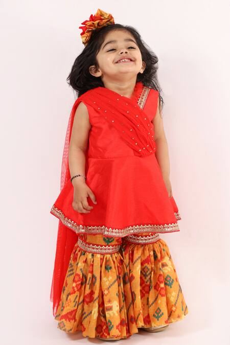 Lil Angels Red Net, Silk, Cotton Sequins, Lace Draped Kurta And Sharara Online at Aza Fashions Lil Angels_Red Net, Silk, Cotton Sequins, Lace Draped Kurta And Sharara _Online_at_Aza_Fashions