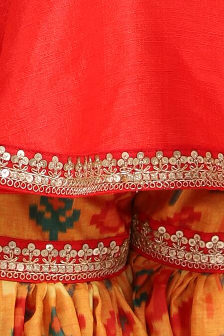 Shop Lil Angels Red Net, Silk, Cotton Sequins, Lace Draped Kurta And Sharara Online at Aza Fashions Shop_Lil Angels_Red Net, Silk, Cotton Sequins, Lace Draped Kurta And Sharara _Online_at_Aza_Fashions