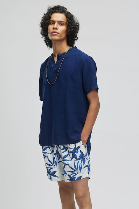 Terra Luna Blue 100% Linen Maui T-shirt Online at Aza Fashions Terra Luna_Blue 100% Linen Maui T-shirt _Online_at_Aza_Fashions