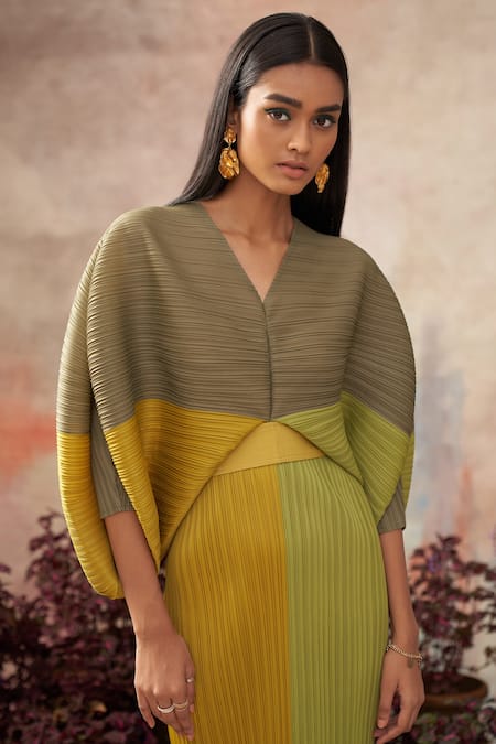 Buy_Pleats By Aruni_Green Pleated Plain V Neck Colorblock Dress_Online_at_Aza_Fashions