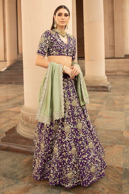 Buy_Jayanti Reddy_Purple Silk Embroidered Lehenga Set _Online_at_Aza_Fashions