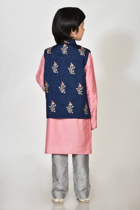 Shop Petite Pomme Blue Handloom Cotton, Silk Embroidery Kurta Set at Aza Fashions Shop_Petite Pomme_Blue Handloom Cotton, Silk Embroidery Kurta Set _at_Aza_Fashions