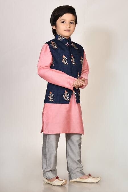 Petite Pomme Blue Handloom Cotton, Silk Embroidery Kurta Set Online at Aza Fashions Petite Pomme_Blue Handloom Cotton, Silk Embroidery Kurta Set _Online_at_Aza_Fashions