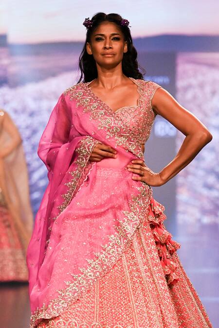 Anushree Reddy_Coral Organza Embroidery, Tassels, Zari Mumtaz Cluster Bridal Lehenga Set _Online_at_Aza_Fashions