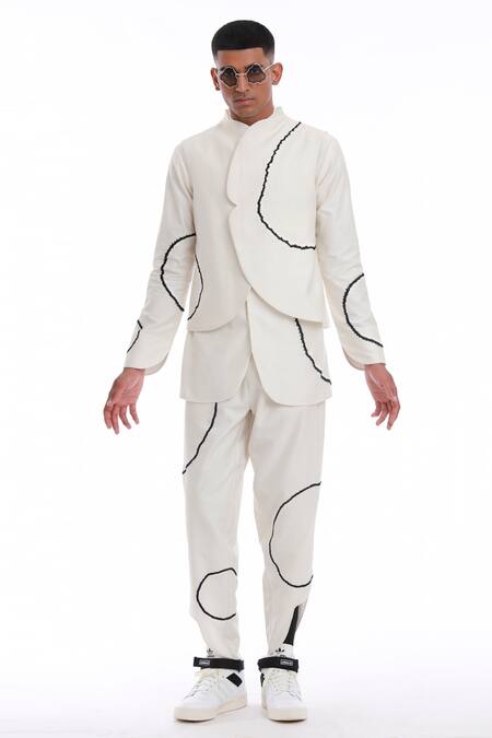 Antar Agni_Ivory Cotton, Silk Embroidery Big Moth Circles Trouser _Online_at_Aza_Fashions
