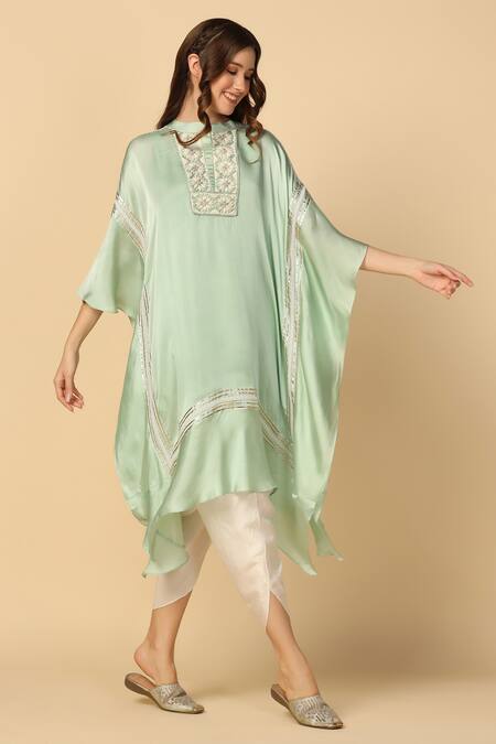 Two Sisters By Gyans_Green Satin Embroidery, Beads, Gota Patti Bandeau Yoke Kaftan And Tulip Pant Set _at_Aza_Fashions