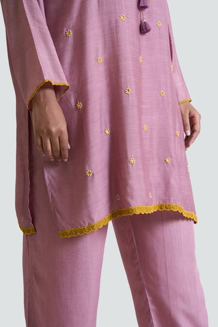 Shop Brij Purple Silk Pearls, Embroidery Round Neck Box Fit Thread Work Tunic And Pant Set Online at Aza Fashions Shop_Brij_Purple Silk Pearls, Embroidery Round Neck Box Fit Thread Work Tunic And Pant Set _Online_at_Aza_Fashions