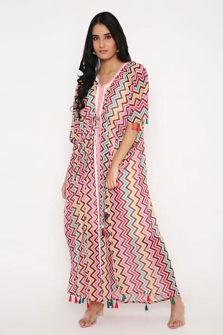 Bha Sha_Multi Color Georgette, Cotton Tassels V-neck Earth Chevron Print Kaftan _Online_at_Aza_Fashions