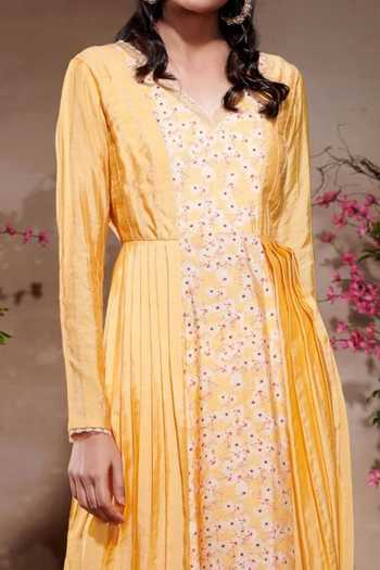 Buy_SHASHA GABA_Yellow Viscose, Organza, Silk, Chanderi Printed Glory A-line Anarkali And Pant Set _Online_at_Aza_Fashions