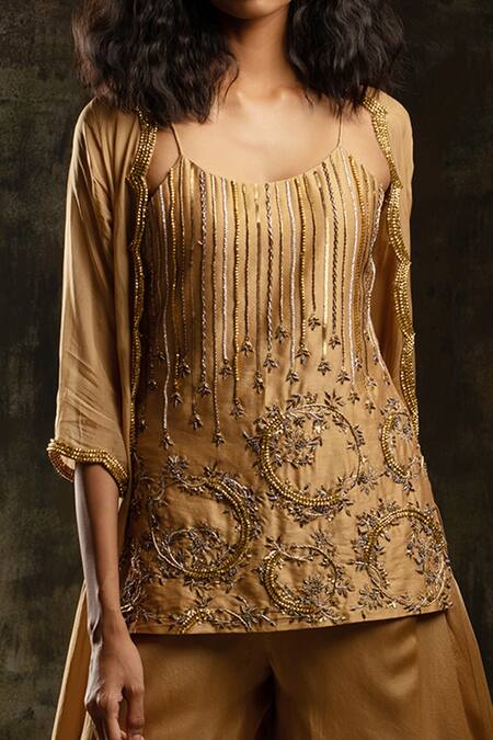 Buy_Mona And Vishu_Beige Denim, Organza Beads, Zari Scallop Border Embellished Jacket Kurta Set _Online_at_Aza_Fashions