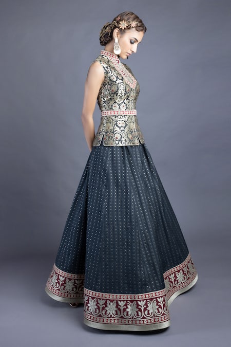 Abhishek Gupta_Black Jacket Brocade Lehenga Chanderi Lining Shantoon Embroidery And Set _Online_at_Aza_Fashions
