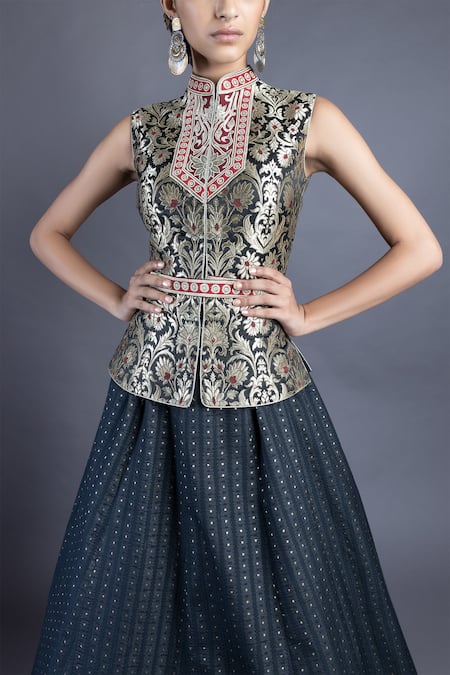 Buy_Abhishek Gupta_Black Jacket Brocade Lehenga Chanderi Lining Shantoon Embroidery And Set _Online_at_Aza_Fashions