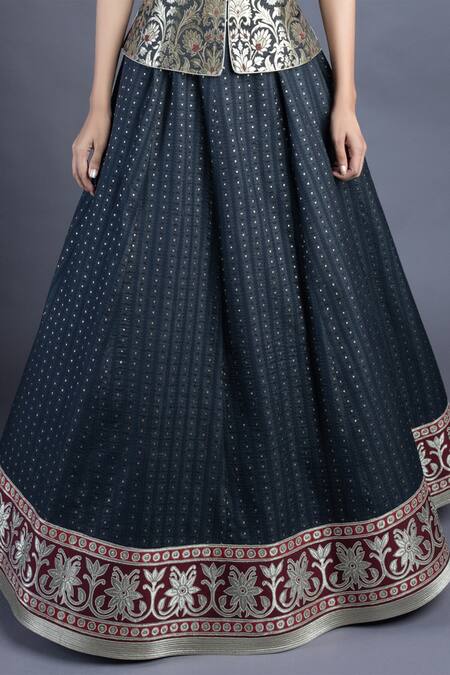 Shop_Abhishek Gupta_Black Jacket Brocade Lehenga Chanderi Lining Shantoon Embroidery And Set _Online_at_Aza_Fashions