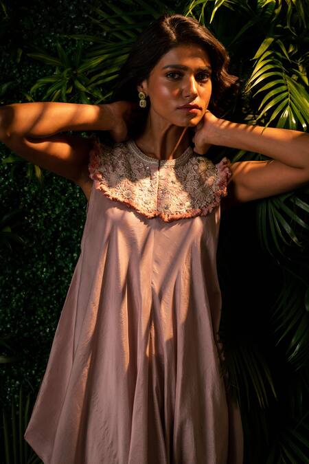 Pallavi Poddar_Pink Denim Beads, Cut Work Round Neck Cosmos Draped Jumpsuit _Online_at_Aza_Fashions