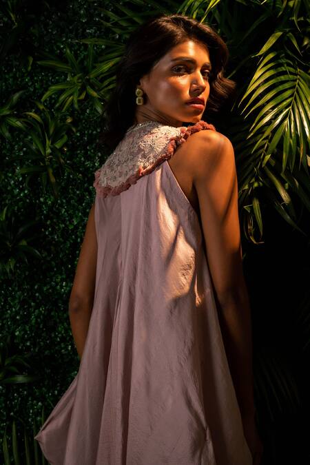 Shop_Pallavi Poddar_Pink Denim Beads, Cut Work Round Neck Cosmos Draped Jumpsuit _Online_at_Aza_Fashions