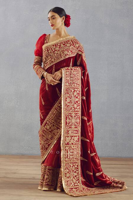 Torani Red Silk Velvet And Butterfly Net Thread & Sequin Sindoori Amruta Saree Online at Aza Fashions Torani_Red Silk Velvet And Butterfly Net Thread & Sequin Sindoori Amruta Saree _Online_at_Aza_Fashions