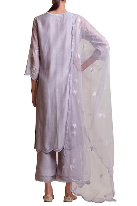 Shop Sue Mue Grey Tulle, Handloom Cotton Mandarin Collar Kurta Palazzo Set at Aza Fashions Shop_Sue Mue_Grey Tulle, Handloom Cotton Mandarin Collar Kurta Palazzo Set _at_Aza_Fashions