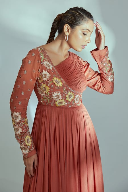 Suruchi Parakh_Orange Georgette Crepe Floral Pattern Asymmetric Embroidered Bodice Pleated Gown _Online_at_Aza_Fashions