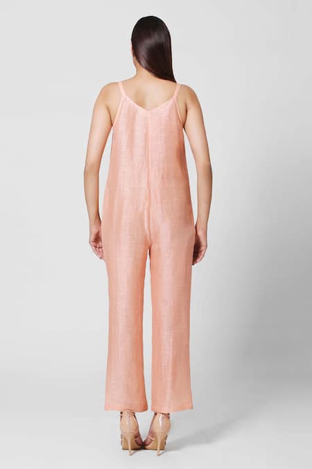 Buy_Oja_Peach 30% Silk, 70% Linen Jumpsuit Round Jacket Open With _Online_at_Aza_Fashions