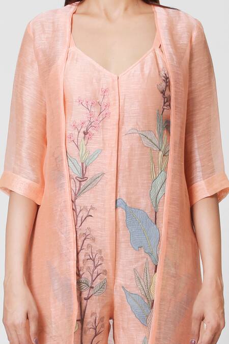 Shop Oja Peach 30% Silk, 70% Linen Jumpsuit Round Jacket Open With Online at Aza Fashions Shop_Oja_Peach 30% Silk, 70% Linen Jumpsuit Round Jacket Open With _Online_at_Aza_Fashions