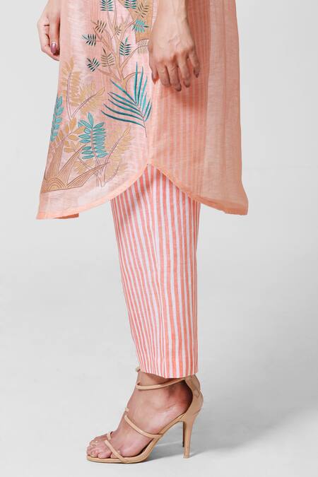 Oja Peach 30% Silk, 70% Linen Round Kurta And Pant Set Online at Aza Fashions Oja_Peach 30% Silk, 70% Linen Round Kurta And Pant Set _Online_at_Aza_Fashions