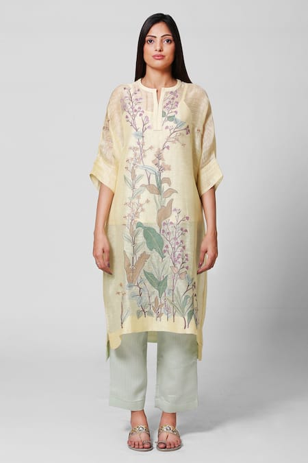 Oja Green 30% Silk, 70% Linen Round Kurta And Pant Set