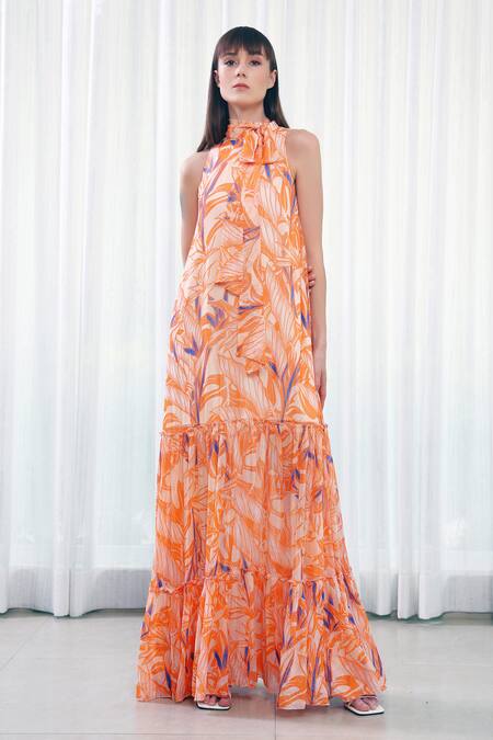 Buy_Mandira Wirk_Orange Georgette, Lurex Halter Neck Multi Color Tiered Willow Print Dress _Online_at_Aza_Fashions