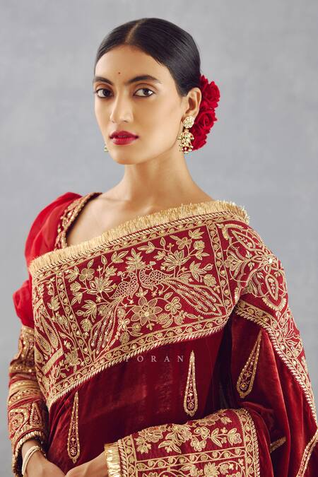 Torani Red Silk Velvet And Butterfly Net Thread & Sequin Sindoori Amruta Saree at Aza Fashions Torani_Red Silk Velvet And Butterfly Net Thread & Sequin Sindoori Amruta Saree _at_Aza_Fashions