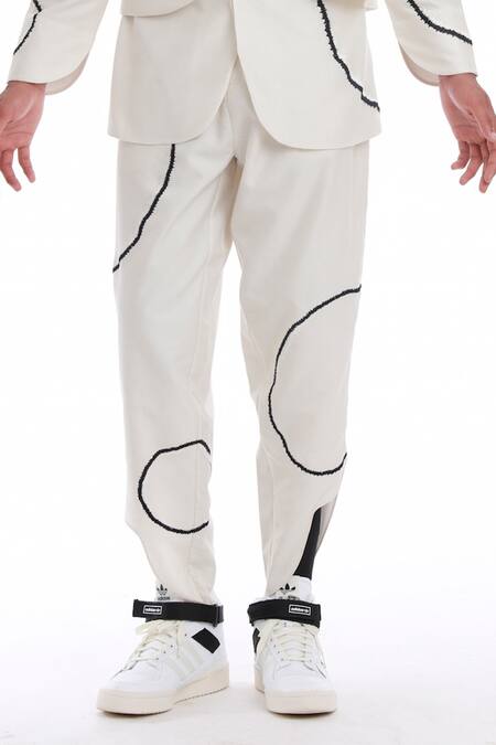Shop_Antar Agni_Ivory Cotton, Silk Embroidery Big Moth Circles Trouser _Online_at_Aza_Fashions