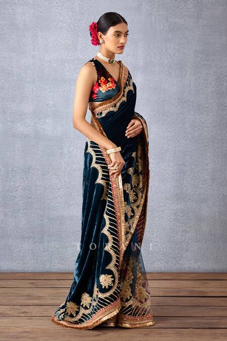 Shop_Torani_Blue Silk Velvet Digital Print, Gota Patti And Zari Shabnami Debi Makhmal Saree _Online_at_Aza_Fashions
