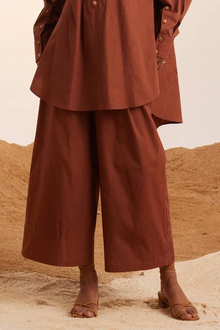 Cord_Brown Cotton, Twill Band Collar Top Stitch High-low Tunic And Pant Set_Online_at_Aza_Fashions