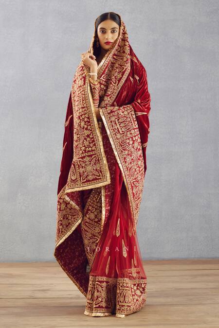 Buy Torani Red Silk Velvet And Butterfly Net Thread & Sequin Sindoori Amruta Saree Online at Aza Fashions Buy_Torani_Red Silk Velvet And Butterfly Net Thread & Sequin Sindoori Amruta Saree _Online_at_Aza_Fashions