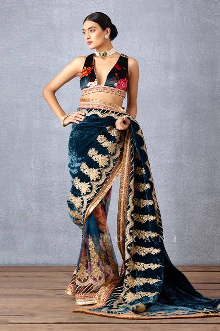 Torani_Blue Silk Velvet Digital Print, Gota Patti And Zari Shabnami Debi Makhmal Blouse _at_Aza_Fashions