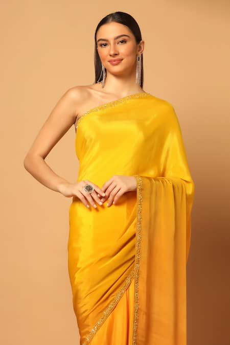 Shop Two Sisters By Gyans Yellow Chiffon Ombre Border Embroidered Saree With Unstitched Blouse Fabric Online at Aza Fashions Shop_Two Sisters By Gyans_Yellow Chiffon Ombre Border Embroidered Saree With Unstitched Blouse Fabric _Online_at_Aza_Fashions