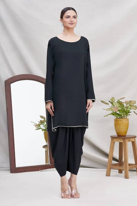 Ekta Singh_Black Georgette, Modal Round Asymmetric Floral Hem Cape And Dhoti Pant Set _Online_at_Aza_Fashions