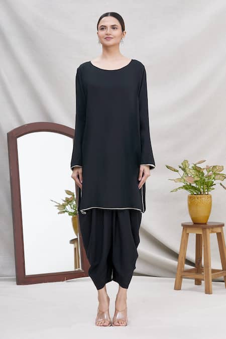 Buy_Ekta Singh_Black Georgette, Modal Round Asymmetric Floral Hem Cape And Dhoti Pant Set _Online_at_Aza_Fashions