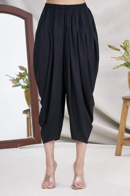 Shop_Ekta Singh_Black Georgette, Modal Round Asymmetric Floral Hem Cape And Dhoti Pant Set _Online_at_Aza_Fashions