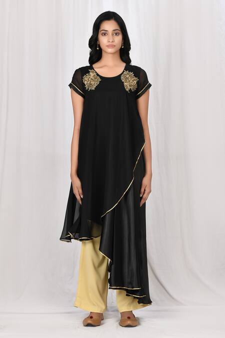 Naintara Bajaj_Black Kurta Georgette Pant Faux Draped Asymmetric Tunic And Set _Online_at_Aza_Fashions