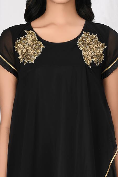 Shop_Naintara Bajaj_Black Kurta Georgette Pant Faux Draped Asymmetric Tunic And Set _Online_at_Aza_Fashions