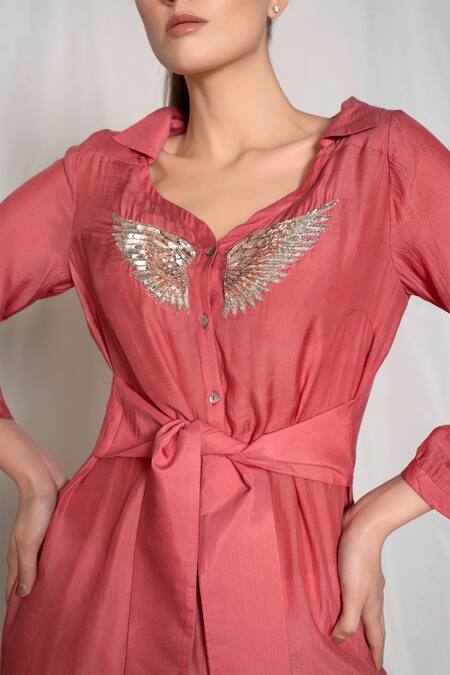 Buy Amrta By Guneet Kondal Pink Viscose, Modal Sequins, Cut Work Collared Wing Pattern Shirt Dress Online at Aza Fashions Buy_Amrta By Guneet Kondal_Pink Viscose, Modal Sequins, Cut Work Collared Wing Pattern Shirt Dress _Online_at_Aza_Fashions