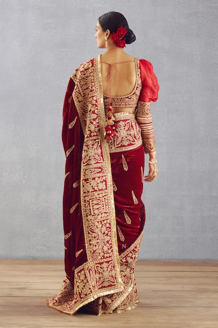 Shop_Torani_Red Velvet, Organza Adda Scoop Neck Sindoori Mahnoor One Sleeve Blouse _at_Aza_Fashions