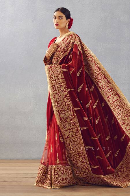 Shop Torani Red Silk Velvet And Butterfly Net Thread & Sequin Sindoori Amruta Saree Online at Aza Fashions Shop_Torani_Red Silk Velvet And Butterfly Net Thread & Sequin Sindoori Amruta Saree _Online_at_Aza_Fashions